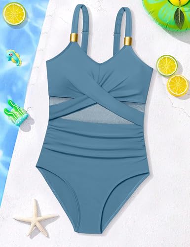 Image of Girls Swimsuit Criss Cross One Piece Swimsuits Wrap Tie Back Sheer Mesh Bathing Suit with Gold Metal Swimwear 9-16Y