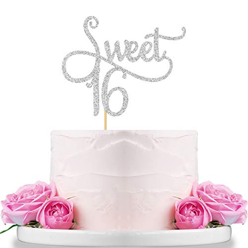 Silver Glitter Sweet 16 Cake Topper - Happy 16th Birthday,16th Anniversary Party Decoration Supplies Sweet Sixteen Cake Toppe