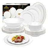 Geschirrset für 6 Personen: Lassen Sie sich von den großzügigen 6x Servierteller (27 / 25cm), 6x Suppenteller (21,5 / 21 cm), 6x Kleine Schüsseln (14,5 / 15,5 cm), 6x Dessertteller (20,5 / 20 cm), 1x Großer ovaler Servierteller (30 cm), 1x Salatschüssel(23,5 cm) ,zu einem einzigartigen Essvergnügen verführen. Unser Tafelservice Siena ist für 6 Personen Komplettes Set ausgelegt und eignet sich somit perfekt für Gesellschaften