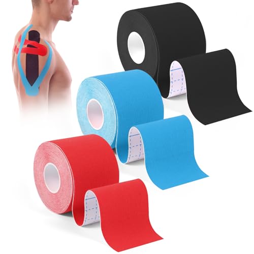 Lyfeesis 3 Rollen für Kinesiotapes, 5 m X 5 cm Professionelles Modell für Kinesiologie Tape, Schulter und Ellenbogen | Rot, Blau und Schwarz