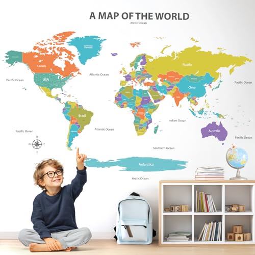 DECOWALL SG2-2414 Mapamundi Colorido Adhesivo de Pared (Grande 120 x 75 cm), Educativo Decoración del Hogar Arte Salón Niños Oficina Guardería Aula DIY Bebé