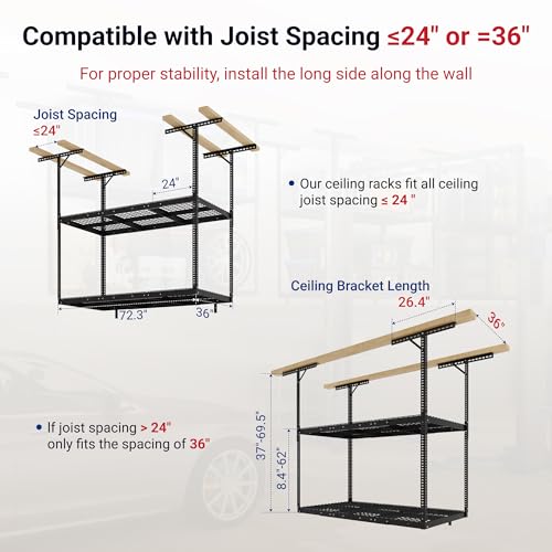 FLEXIMOUNTS 3x6 2-Tier Overhead Garage Storage Rack – Adjustable Heavy Duty Metal Garage Ceiling Storage Racks, 880 lbs Capacity – Garages Organization System for 9–15 ft Tall Garages, Black - Image 2