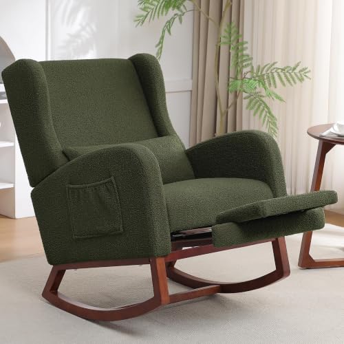 Image of HCHAIRH Rocking Chair Nursery with Foot Rest, Wingback Nursery Rocking Chairs Teddy Nursing Chairs Glider Rocker with Pillow for Living Room, Bedroom, Green