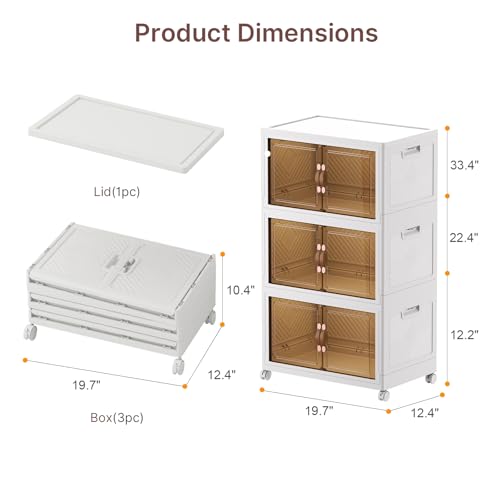 Image of UAMFURI Stackable Storage Bins with Lids, 144QT Closet Organizers, Lockable Storage Cabinet, Foldable Storage Box with Doors and Wheels, Plastic Drawers for Home, Garage, Office (3, White, Medium)