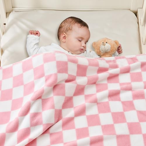 Image of Yurhap Checkered Baby Blanket for Girls Pink Fleece Baby Blankets for Girls Boys, Warmer Comfort Lightweight Bed Blanket for Toddlers Infants or Newborn, 30''x40'', Pink