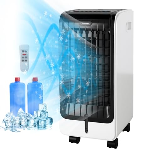 COSTWAY Rafraîchisseur d'Air 4 EN 1, Climatiseur Mobile sans Évacuation 6L, Auto-Oscillation,Refroidissement,Humidificateur,Minuterie 8H,2 Pain de Glace,Mini Climatiseur Faible Conso