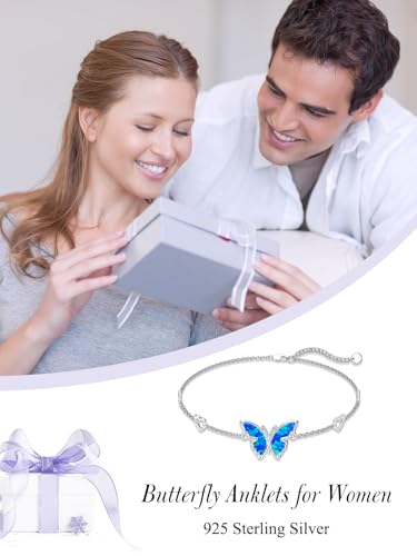 Image of WINNICACA 925 Sterling Silver Anklets for Women Adjustable Beaded Butterfly Opal Anklet Bracelet Foot Chains Jewelry Gifts for Women Beach Birthday Christmas Gift