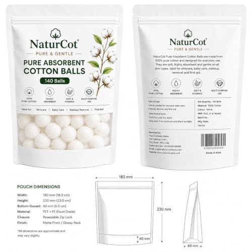 Image of Enriched Premium 100% Pure Cotton Balls (140 Pieces) | Ultra-Soft, Lint-Free & Highly Absorbent | Resealable Moisture-Proof Pouch for Skincare, Baby Care, Makeup Removal & First Aid