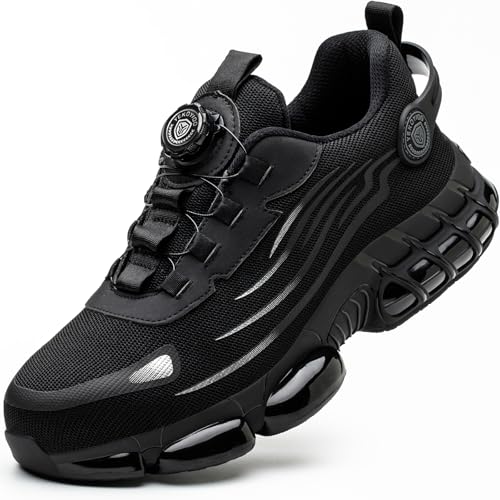 YEKOYIOO Arbeitsschuhe Herren Sicherheitsschuhe Damen mit Stahlkappe Leicht Sportlich Stahlkappenschuhe Drehverschluss Atmungsaktiv rutschfeste Safety Shoes Schwarz 43 EU