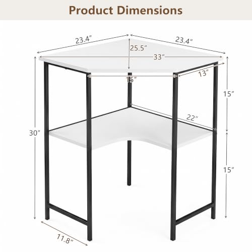 VECELO Small Corner Desk, Triangle Computer Desk with Storage Shelves for Small Spaces, 33 x 30 inches Corner Makeup Table for Home Office Bedroom, White by VECELO - Used condition - Image 2