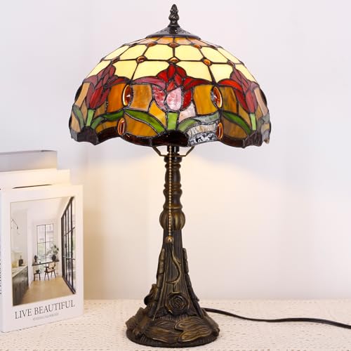 Image of 12Inch Tiffany Stained Glass LampShade Replacement Only (Red Tulip Flower) | Stained Glass Style Lampshade with Cap fit for Table lamp Pendant Light Ceiling Fixture