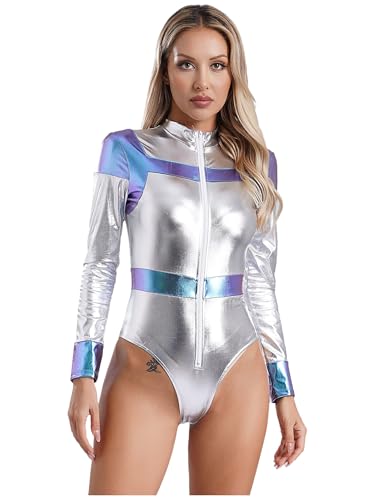 Yruioon Body metálico de manga larga con cremallera para mujer, disfraz de alienígena, astronauta, disfraz de carnaval, color plateado, talla S, plateado, S