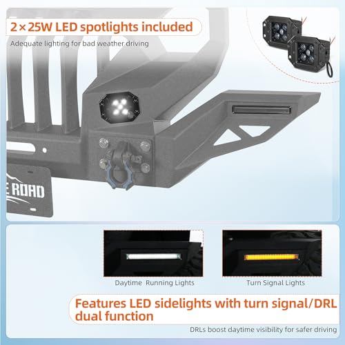 Image of Hooke Road Gladiator Front Bumper Grille (with Wings) for 2018-2026 Jeep Wrangler JL & Gladiator JT, Aggressive Offroad Bumper Include Winch Plate, D-Rings, DRL Lights
