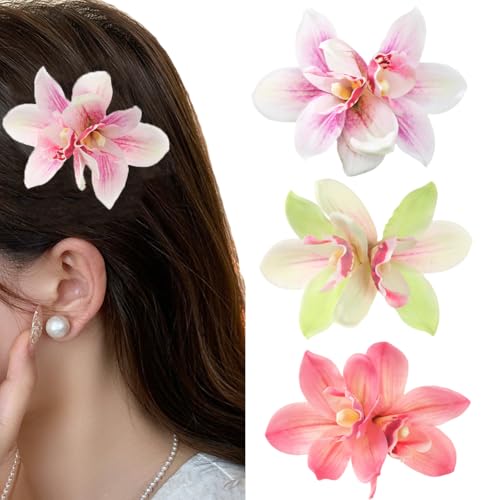 Lot de 3 pinces à cheveux hawaïennes pour femme - Fleur d'orchidée - Pinces à cheveux en forme de fleur d'hibiscus - Accessoires pour cheveux pour mariage,...
