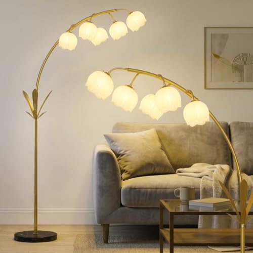Image of HMVPL Gold Floor Lamp for Living Room, Flower Floor Lamp with 5 G9 LED Bulbs, Foot Switch, Arc Tall Lamp with Acrylic Shade, Marble Base, Mid Century Standing Lamp for Living Room Corner Bedroom Home