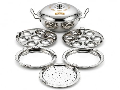 Image of MOHAM Stainless Steel Idli Maker, Dhokla & Momo Steamer Pot with 2 Idli Plates (14 Idlis), 2 Khaman /Dhokla Plates, 1 Patra Plate | Multipurpose Steam Cooker with Lid | Heavy Gauge Food Grade Steel | Mirror Finish | Gas & Induction Compatible