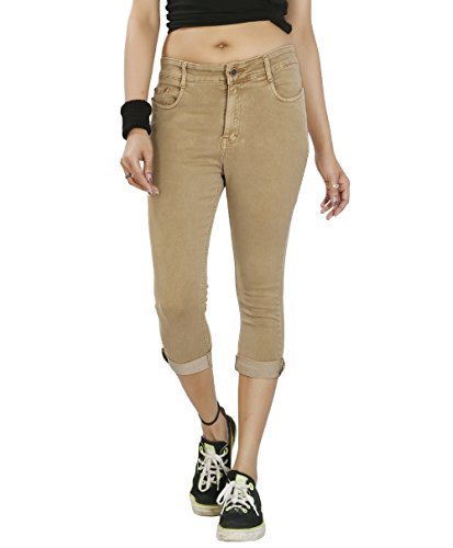 Image of FCK-3 Stretchable Denim Solid Mid Waist Knee Length Button Closure 5 Pocket Capree for Women