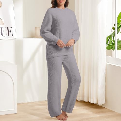 Image of BOSECETA 2 Piece Fleece Pajamas for Women Set Loungewear Outfits Knit Sweater Womens Long Sleeve Fuzzy Pajama Sets