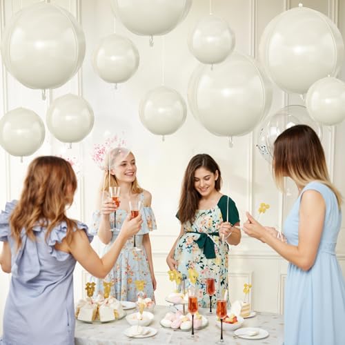 Image of 12 Pcs Cream White Round Foil Balloons Boho Birthday Prom Decor 22 inch 10 inch | Ivory Sand White 4D Helium Ball Balloons for Boho Wedding Anniversary Bridal Shower Gender Reveal Party Decorations