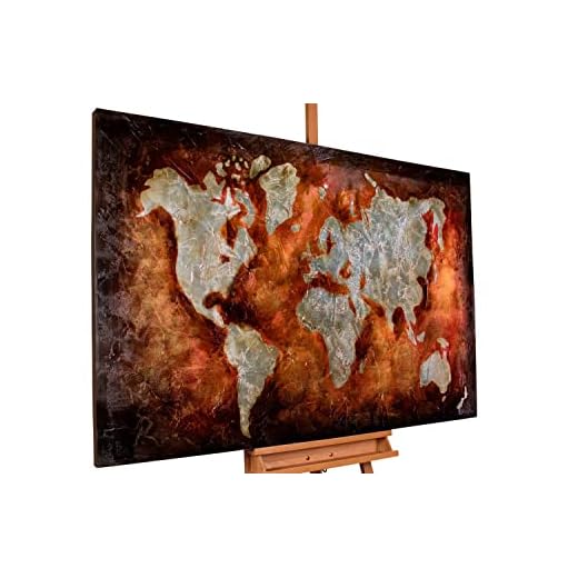 Kunstloft Cuadro decorativo | 100% PINTADO A MANO | 120x80cm | Pintura 'Life's A Journey' | Mapamundis | Plateado Marrón | Cuadro moderno en lienzo