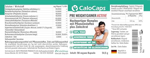 CaloCaps PRE WEIGHT GAINER | 11-Kräuter Bitterkomplex + Zink für Stoffwechsel & Nährstoffverwertung | Natürliche Unterstützung in Aufbauphasen & für Hardgainer | Vegan & Hochdosiert | 90 Kapseln
