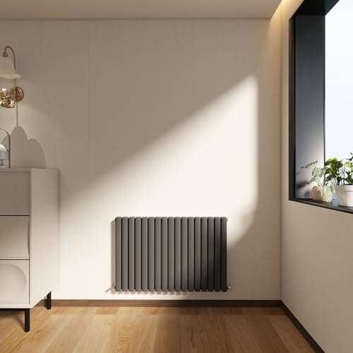 Horizontal Designer Column Radiator, 600x1003mm Column Radiator Anthracite Oval Column, Double Panel Small Radiator for Bathroom/Living Room, Central Heating Heater, Grey Radiator, Wall Mounted Rads