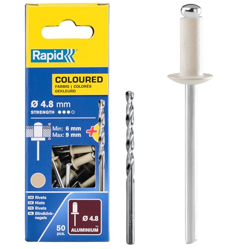 RAPID - Rivets Pop en Aluminium Ø4.8 x 12 mm, Coloris Blanc Crème, Rivets Aveugles pour Gouttières / Tuyaux / Tôle - Foret Inclus - 50 Pièces, Emballage Carton (5001469)
