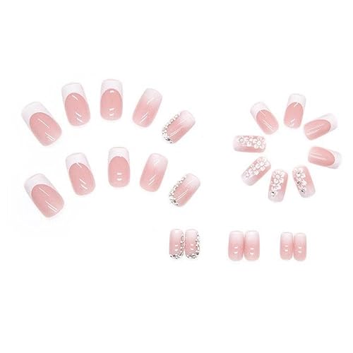 Miniatura 3 de Uñas postizas cuadradas medianas con diseño de flores, color rosa y blanco, con pegamento de diamantes de imitación, uñas acrílicas, uñas adhesivas
