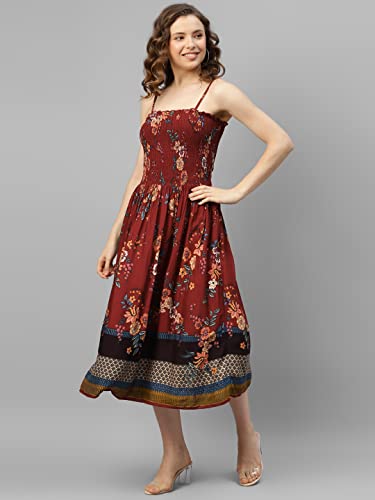 Image of DEEBACO Women's Floral Print Rayon Midi Calf Length Smocking Dress with Solid Shrug for Women|Ruffled 3 /4 Sleeves Shrug Casual Western Fit and Flared Dresses for Ladies Outfits (DBDR00000749 Maroon)