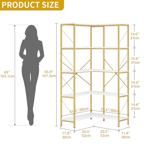 DWVO Corner Bookshelf, 5-Tier L-Shaped Bookshelf Storage Organizer, Tall Corner Bookcase Open Display Freestanding Storage Rack for Living Room, Home Office, Gold