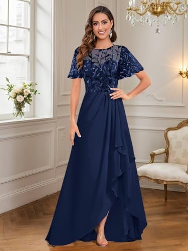 Mother of The Bride Dresses for Wedding Guest Short Sleeves Sequin Chiffon Formal Evening Gown JH0364
