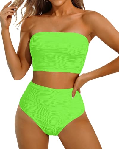 Image of High Waisted Bandeau Bikini Set - Women Strapless Two Piece Swimsuits Ribbed Longline Full Coverage Bathing Suits Swimwear
