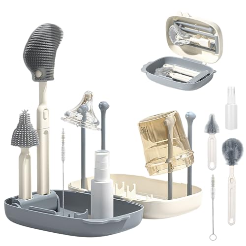 Limpia Biberones Cepillo, Cepillo Biberones Silicona, Limpia Botellas para Bebé, Juego Completo de Limpieza de Botellas, Kit Cepillos Biberone Viaje, Escurridor de Biberon, Escurre biberone Plegable