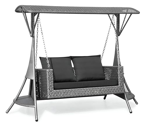 Image of Outdoor Swing with Stand & Roof Double Seater for Balcony, Garden | Weather Resistant Rattan & Wicker Hammock Jhula for Adults (Silver & Black)
