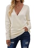 Damen Pullover V-Ausschnitt Sexy Strickpullover Winter Casual Crossover Oversized Pulli(Aprikose,XL)