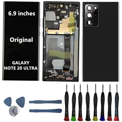 6.9' AMOLED Original for Samsung Galaxy NOTE20 Ultra SM-N985F Display Touch Screen Digitizer Assembly NOTE20Ultra 5G SM-N986U SM-N986U1 SM-N986B Screen Replacement (Black Frame + Back Cove + Tools)
