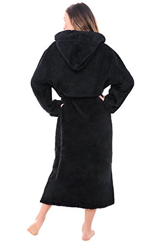 Alexander Del Rossa Women’s Robe, Plush Fleece Hooded Bathrobe With Two Large Front Pockets And Tie Closure, Black, Small-Medium #TOP1