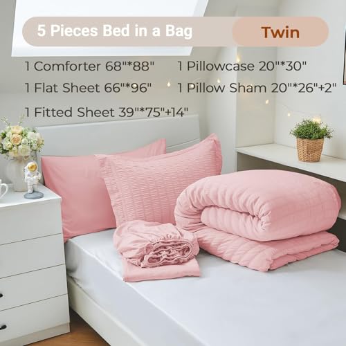 Image of MUXHOMO 5 Pieces Twin Comforter Set, Seersucker Bed in a Bag Twin Size, All Season Luxury Bedding Set with Comforter, Flat Sheet, Fitted Sheet, Pillowcase & Sham, Pink