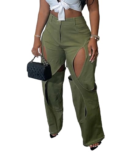 SOMTHRON Women's Sexy Hollow Out High Waisted Pants Criss Cross Straight Wide Leg Loose Trousers Y2K Streetwear