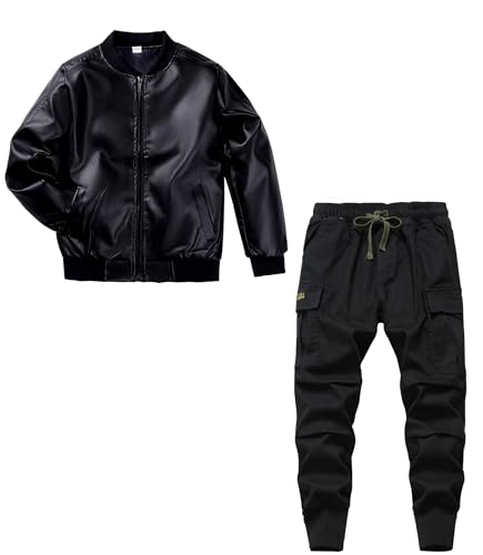 TLAENSON Bomber Boys Leather Jackets+Thick Twill Boys Joggers Cargo Pants 10-11 Years