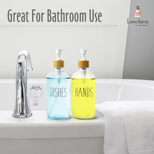Image of LOOCHICA 2 Pack Clear Glass Soap Dispenser with Plastic Pump, Transparent Dish and Hand Soap Dispenser Set, Refillable Reusable Apothecary Soap Pump Dispenser Bottles for Bathroom and Kitchen