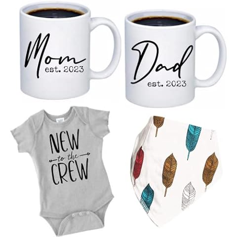 Tipit Drinkware Pregnancy Gift Est 2023 - New Parents Gifts Mommy and Daddy Est. 2023 11 Coffee Mug Gift Set,New to The Crew Romper (3M) - Top Mom and Dad Gift Set for New Parents to Be - Baby Shower Cover