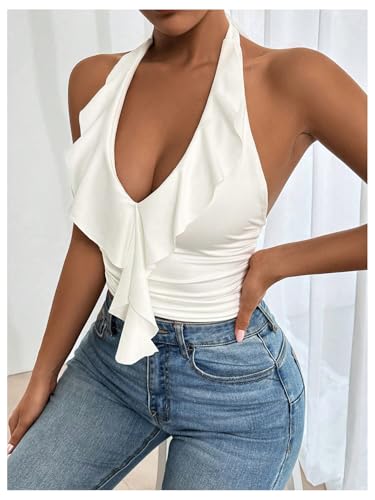 SOLY HUX Women's Ruffle Trim Halter Tops Ruched V Neck Sleeveless Going Out Crop Tops4