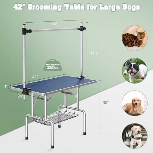 Image of Lyromix 42'' Stainless Steel Pet Dog Grooming Table, Arm /Noose /Tray, Blue