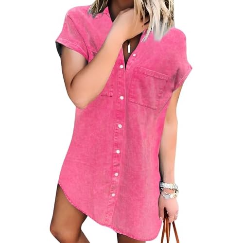 Zilcremo Women Denim Shirt Dresses Short Sleeve Distressed Jean Dress Button Down Casual Tunic Top