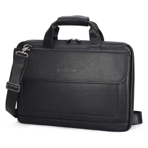 Image of Masa Kawa Leather Briefcase for Men Slim 15.6 inch Laptop Bag Waterproof Crossbody Shoulder Messenger Computer Attache Case for Business Work, Black