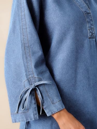 Image of Womens Denim Shirt Dress Collared V Neck Bell Long Sleeve Mini Casual A-line Jean Dresses with Bow