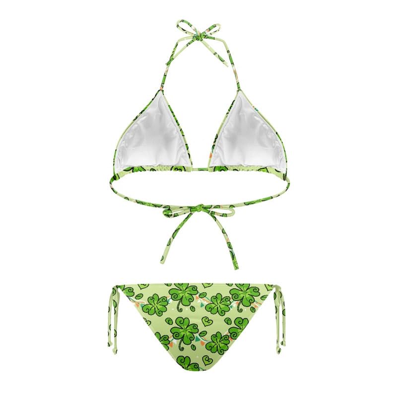 Irisjudy Women Tie Side Triangle Bikini Set St Patrick Day Swimsuit Costume, Green Lucky Clover Print Bathing Suit String Sexy Swimsuit Cheeky Brazilian Swimwear