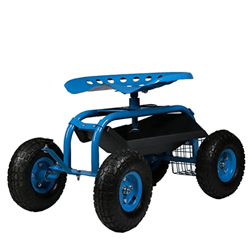 Sunnydaze Rolling Gardening Chair Cart with Wheels - Full Range 360 Swivel Seat with Adjustable Height - Utility Tool Tray and Storage Basket - Blue Sunnydaze Rolling Gardening Chair Cart with Wheels - Full Range 360 Swivel Seat with Adjustable Height - Utility Tool Tray and Storage Basket - Blue