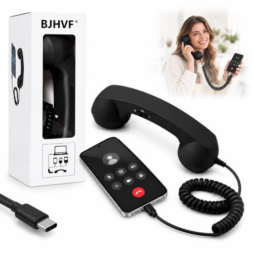 Black Retro Ring Dial Back Phone Handset Receiver for iPhone Cell Phones Old Fashioned Vintage Pop Telephone Landline Attachment Interface Handle Type-C Wired Plug in for Android Laptop 90s Style Prop